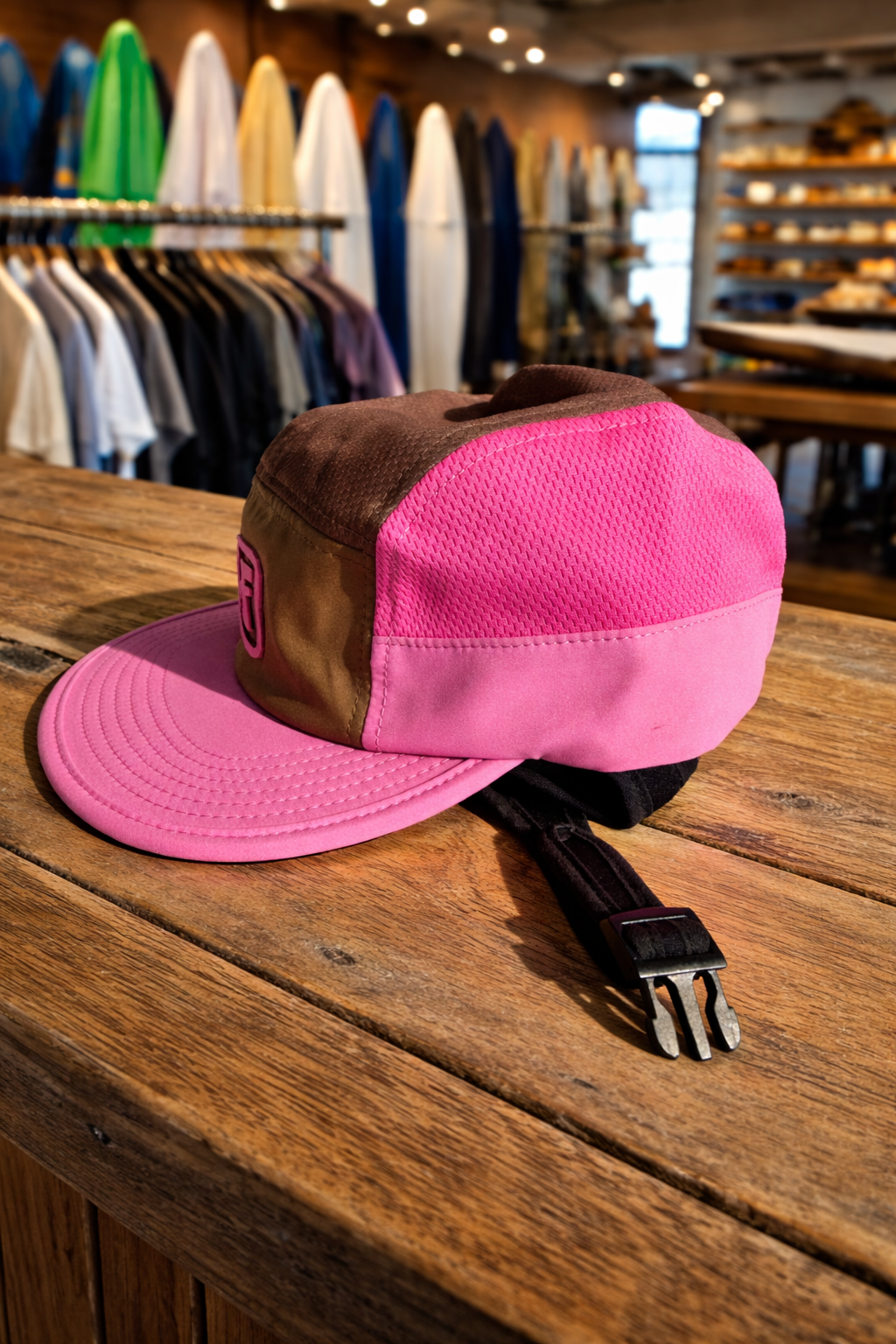 Cherry Choc - 5 panel surf cap with permanent neoprene chin strap