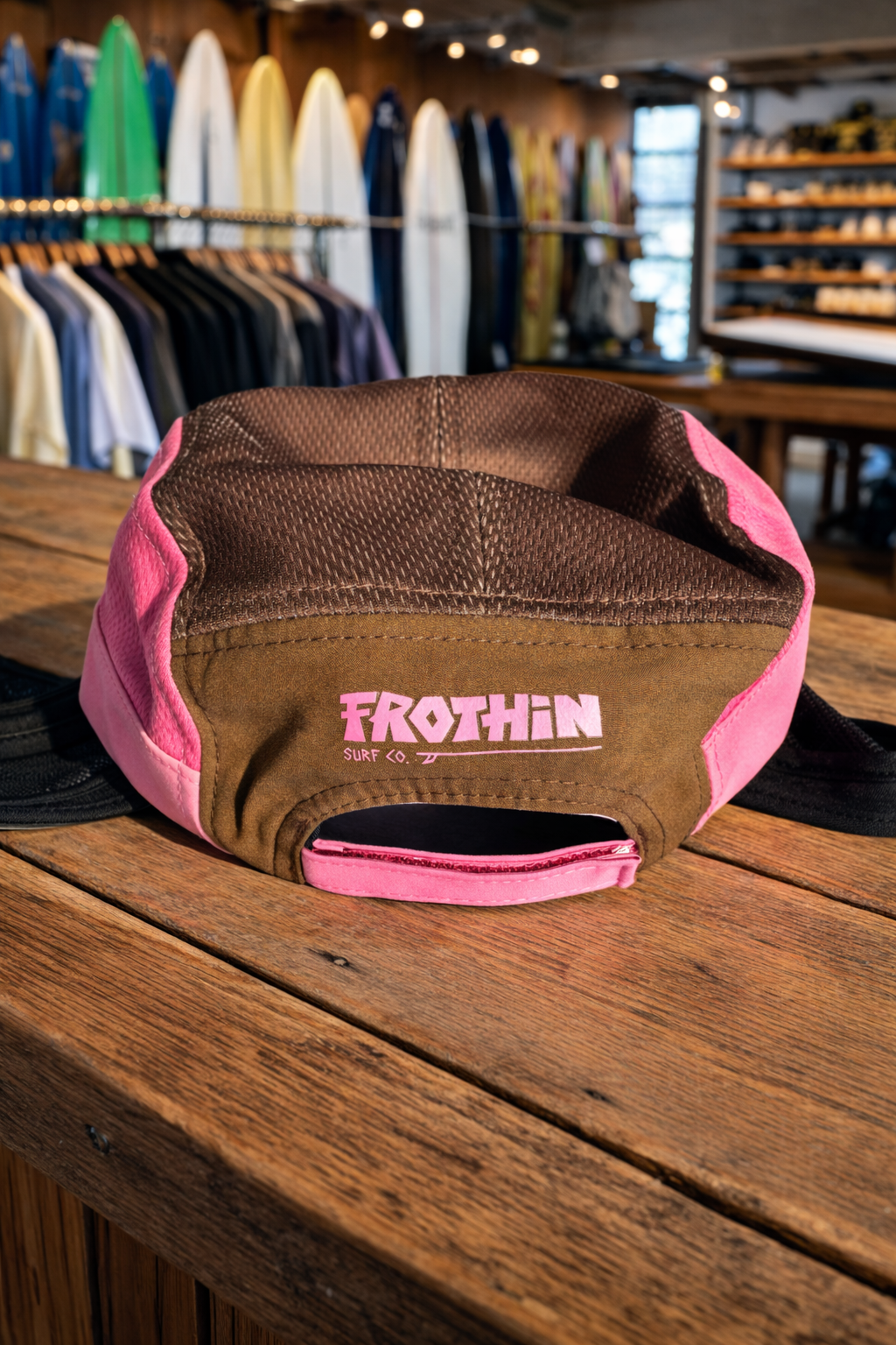Cherry Choc - 5 panel surf cap with permanent neoprene chin strap